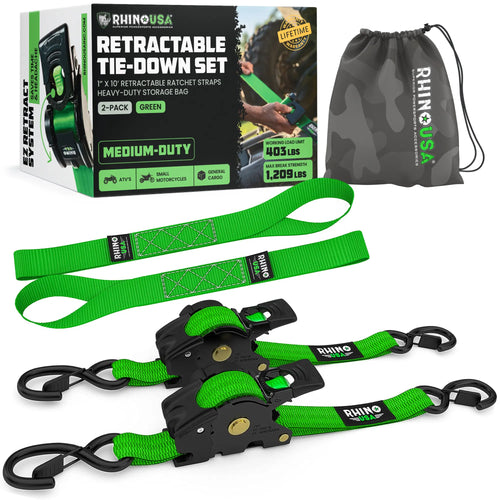 Rhino USA 1" x 10' Retractable Ratchet Straps (select 2 pack or 4 pack) - Medium Duty Self Retracting Tie Down Straps for Truck, Cargo Trailer - Color: Green, Size: 2-Pack